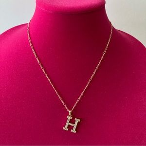 Initial Pendent H Necklace Figaro Chain Gold Tone with Clear Stones | New No Tag